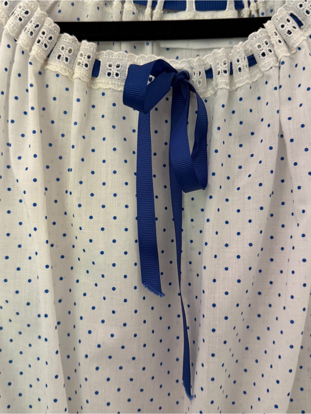 Plus Size Vintage White Polka Dot Tiered Square Dance Dress with Blue Ribbon - Picture 6 of 7